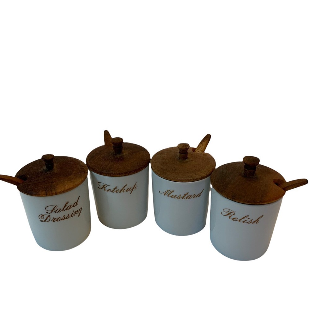 VTG Sydney Farber & Sons Ceramic Condiment Jars Wood Lids & Spoons 4 PC Set